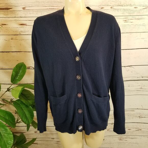 7th Avenue Cardigan Button Front Pocket v-neck Navy Sz Large - Picture 1 of 8